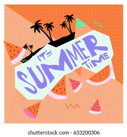 Summer time vector banner design with white abstract background for text and colorful tropical beach elements. Vector illustration template for event. 