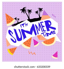 Summer time vector banner design with white abstract background for text and colorful tropical beach elements. Vector illustration template for event. 