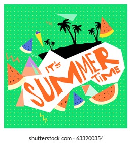 Summer time vector banner design with white abstract background for text and colorful tropical beach elements. Vector illustration template for event. 