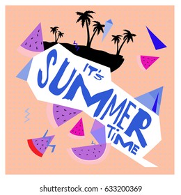 Summer time vector banner design with white abstract background for text and colorful tropical beach elements. Vector illustration template for event. 
