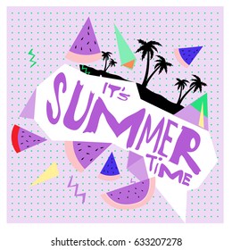 Summer time vector banner design with white abstract background for text and colorful tropical beach elements. Vector illustration template for event. 