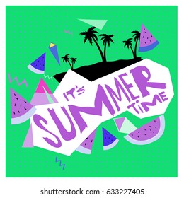 Summer time vector banner design with white abstract background for text and colorful tropical beach elements. Vector illustration template for event. 