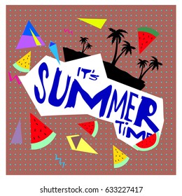 Summer time vector banner design with white abstract background for text and colorful tropical beach elements. Vector illustration template for event. 