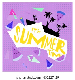 Summer time vector banner design with white abstract background for text and colorful tropical beach elements. Vector illustration template for event. 