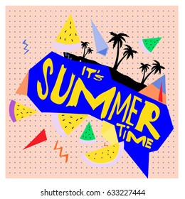 Summer time vector banner design with white abstract background for text and colorful tropical beach elements. Vector illustration template for event. 