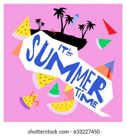 Summer time vector banner design with white abstract background for text and colorful tropical beach elements. Vector illustration template for event. 