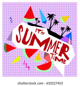 Summer time vector banner design with white abstract background for text and colorful tropical beach elements. Vector illustration template for event. 