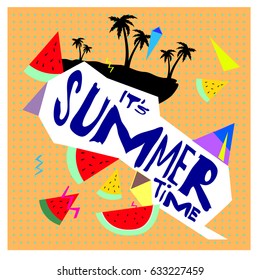 Summer time vector banner design with white abstract background for text and colorful tropical beach elements. Vector illustration template for event. 
