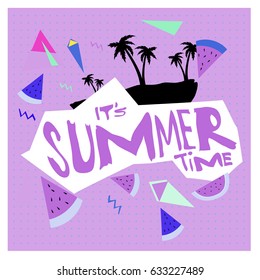 Summer time vector banner design with white abstract background for text and colorful tropical beach elements. Vector illustration template for event. 