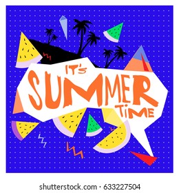 Summer time vector banner design with white abstract background for text and colorful tropical beach elements. Vector illustration template for event. 