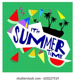 Summer time vector banner design with white abstract background for text and colorful tropical beach elements. Vector illustration template for event. 