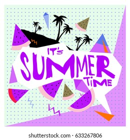 Summer time vector banner design with white abstract background for text and colorful tropical beach elements. Vector illustration template for event. 