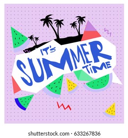 Summer time vector banner design with white abstract background for text and colorful tropical beach elements. Vector illustration template for event. 