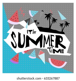 Summer time vector banner design with white abstract background for text and colorful tropical beach elements. Vector illustration template for event. 