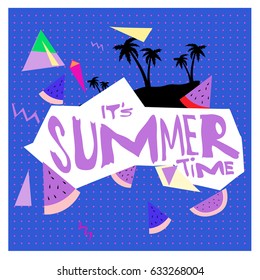 Summer time vector banner design with white abstract background for text and colorful tropical beach elements. Vector illustration template for event. 