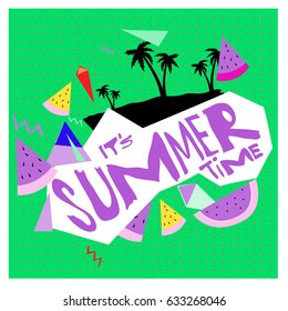 Summer time vector banner design with white abstract background for text and colorful tropical beach elements. Vector illustration template for event. 