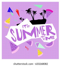 Summer time vector banner design with white abstract background for text and colorful tropical beach elements. Vector illustration template for event. 
