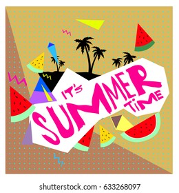 Summer time vector banner design with white abstract background for text and colorful tropical beach elements. Vector illustration template for event. 