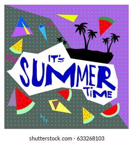 Summer time vector banner design with white abstract background for text and colorful tropical beach elements. Vector illustration template for event. 