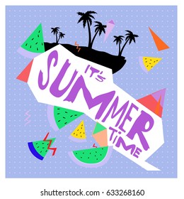 Summer time vector banner design with white abstract background for text and colorful tropical beach elements. Vector illustration template for event. 