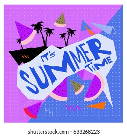 Summer time vector banner design with white abstract background for text and colorful tropical beach elements. Vector illustration template for event. 
