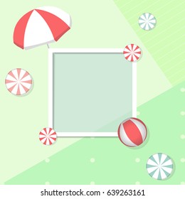 Summer time vector banner design with square for text and colorful beach elements in white background. Vector illustration. 