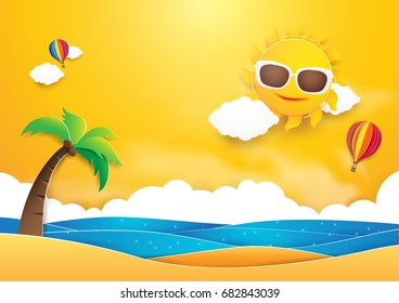 Summer time vector banner design. Sun with hot air balloons flying over beach and sea