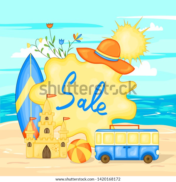 Summer time vector banner design for text\
and colorful beach elements on the background of sea and sand.\
Vector illustration.