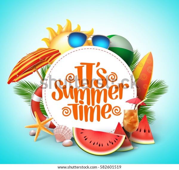Summer time vector banner design with\
white circle for text and colorful beach elements in white\
background. Vector\
illustration.\
