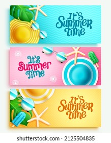 Summer time vector banner set. It's summer time text with leaves, popsicle and hat tropical season elements for sunny holiday collection design. Vector illustration.
