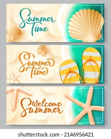 Summer time vector banner set design. Summer time text with starfish, seashell and flipflop elements in seashore background  for tropical season collection. Vector illustration.