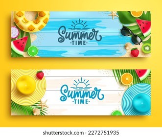 Diseño de conjunto de banners vectoriales de verano. Texto de verano con elementos de playa en fondo de textura de madera. Cartel de verano de ilustración vectorial. 