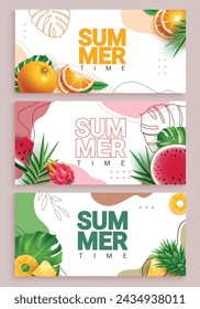 Diseño de banner vectorial de verano. Texto de verano con elementos de naranja, sandía, fruta de dragón y frutas tropicales de piña. Ilustración vectorial de la hora de verano de saludo banner.