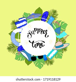 Summer time vector banner template. Summer time text in the border of white space with blue beach elements on the yellow background.