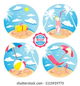Summer time vector banners set with colorful beach elements in white background. Vector illustration. Isolated on white.