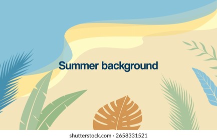Sommerzeit. Vektorgrafik des Strandes mit Stuhl, Kokospalme, tropischen Blättern, Meer und Sand . flacher Vektorhintergrund für saisonale Poster, Banner und Postkarten.