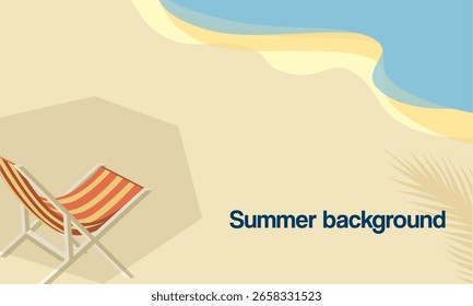 Hora de verano. Ilustración de playa de Vector con silla, árbol de coco, hojas tropicales, mar y arena. fondo de Vector plano para póster de temporada, Anuncio y postales.