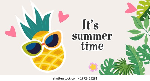 It's summer time. Vector bright colorful illustration. Horizontal banner.