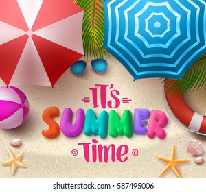 Summer time vector colorful text in the sand with beach umbrellas, objects and elements under palm leaves. Vector illustration.
