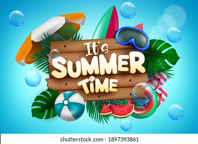 Summer time vector concept design. It's summer time text with colorful beach elements like goggles, beach ball, surfboard and floater for vacation season. Vector illustration