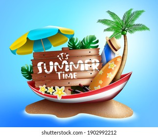 Summer time vector concept design. It's summer time text in boat elements with beach island background for fun and enjoy tropical season vacation. Vector illustration