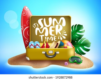 Summer time vector concept design. It's summer time text in luggage travel bag with elements like leaves and surfboard for holiday vacation season in island beach background. Vector illustration
