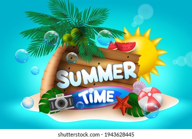 Summer time vector concept design. Summer time text in beach island with sun, palm tree, beach ball, camera and seashell elements in blue sea background. Vector illustration  