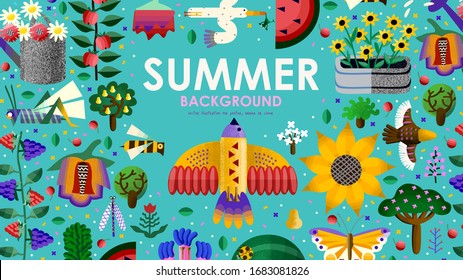 Summer time! Vector cute illustration of abstract birds, flowers, sunflower, watermelon, fruit and berry, butterfly, bee, nature horizontal background. Drawings for banner, card, poster or postcard