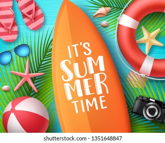 It's summer time vector design concept. Summer text in surfboard with beach elements like lifebuoy, seashells and palm leaves in blue wooden textured background. Vector illustration.
