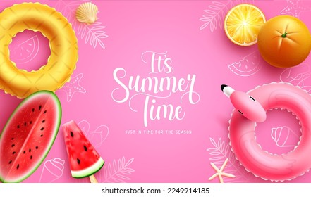 Sommerzeit Vektordesign. Es ist Sommerzeit Grußtext mit Floater und Früchten Elemente für lustige Ferien. Tropische Jahreszeit Vektorgrafik auf rosafarbenem Hintergrund.  
