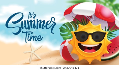 Summer time vector design. It's summer time greeting text with sun character in smiling happy face for tropical season sunny day background. Vector illustration summer greeting design. 
