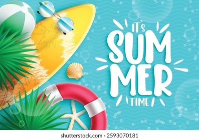 Summer time vector design. It's summertime typography text in sea water background with elements of surfboard, lifebuoy and leaves for relax tropical season. Vector illustration.


