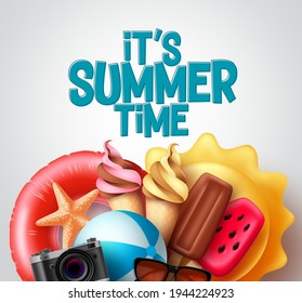 Summer time vector design. It's summer time text with tropical food and beach elements like ice cream, popsicle, floater, and beachball for tropical season. Vector illustration. 