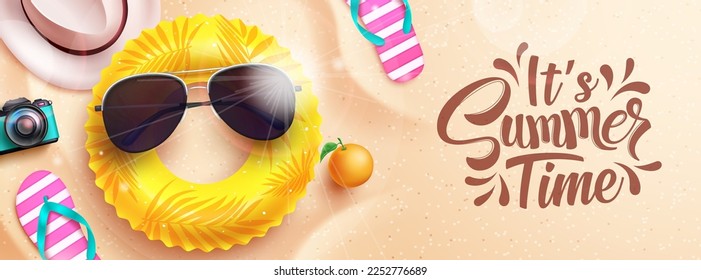 Summer time vector design. It's summer time text with beach element in sand background. Vector illustration summer holidays background.
